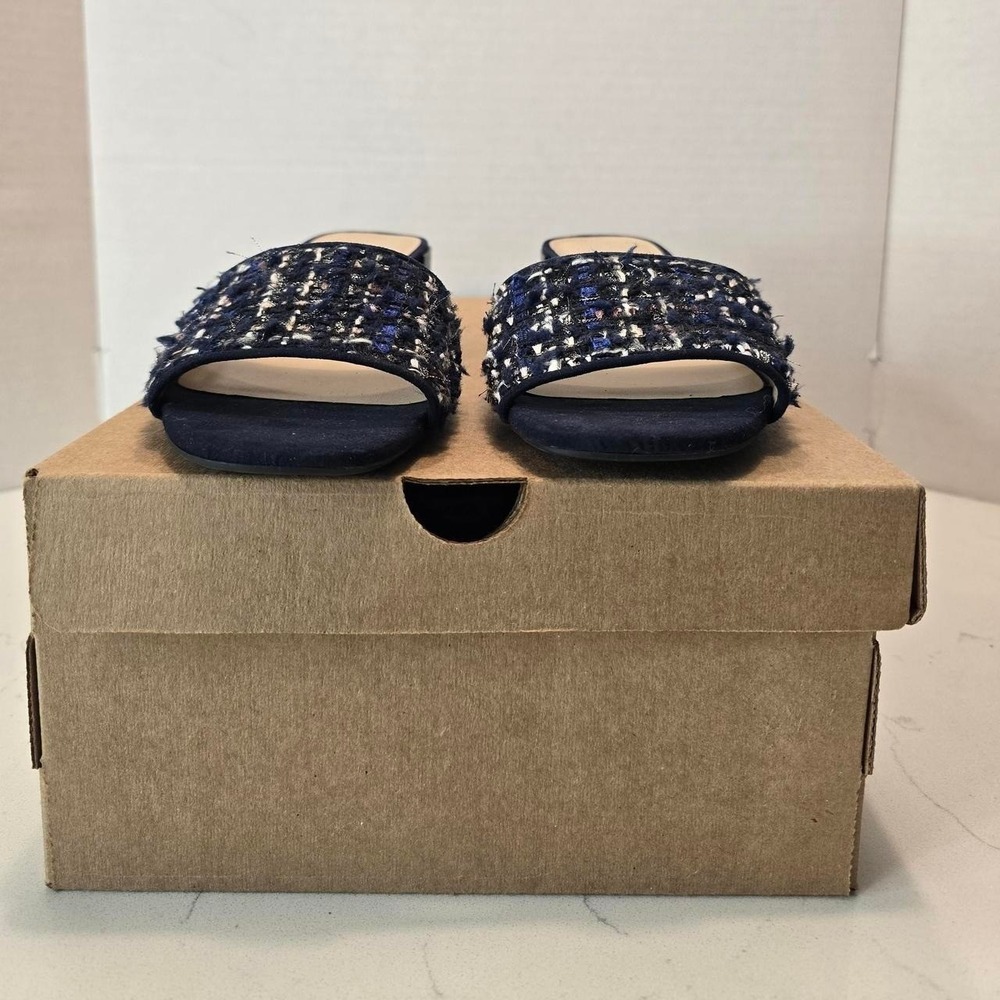 Franco Sarto Ramy Blue Tweed Block Heel Slide Sandals Preppy Vacation Chic- 7.5 - Picture 2 of 7